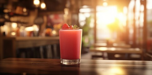Refreshing Strawberry Smoothie on Cafe Table Bathed in Sunlight for Menus and Healthy Campaigns