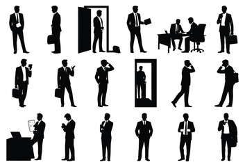 Set of businessman silhouette icons various poses and actions vector illustrations for business and corporate design