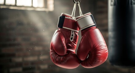 Red boxing gloves hanging in a gym after a hard workout, symbolizing determination and the pursuit of fitness.
