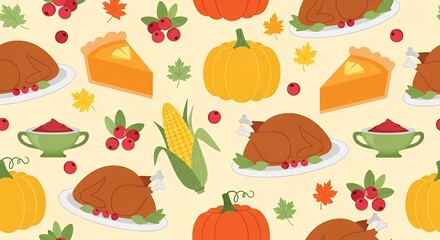 Thanksgiving pattern featuring turkey pumpkin pie corn and cranberries for festive design