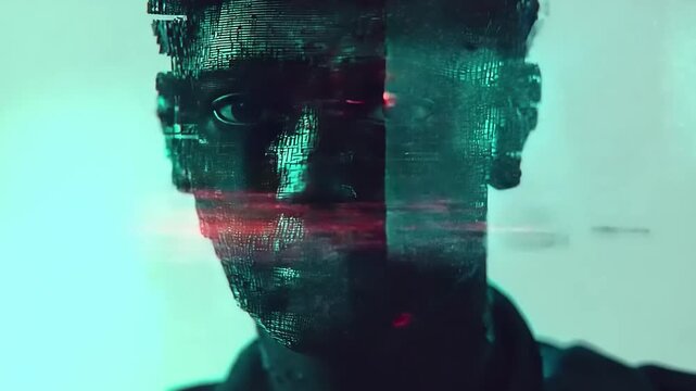 Digital face with glitch effects and red highlights on teal background.