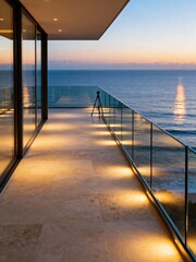 Obraz premium Modern balcony with glass railing overlooking the ocean at sunset with a camera on tripod