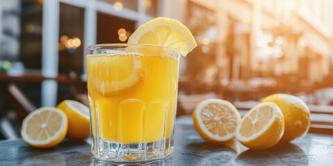 Refreshing lemonade drink with fresh lemons on an outdoor table for summer promotions