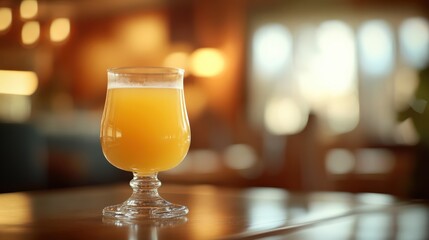 Bright Golden Beer or Refreshing Juice in a Glass on a Bar Table, Perfect for Marketing Refreshments, Menus, and Relaxing Moods