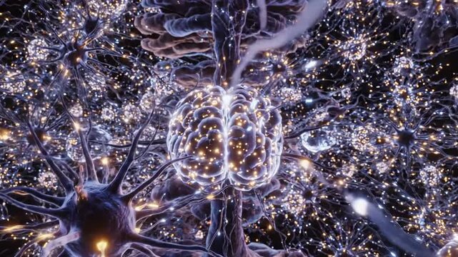 representation of a neural network in the brain.In the center of the composition is a stylized image of the human brain, consisting of two hemispheres, each of which is covered with a multitude of lum