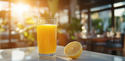 Refreshing Glass of Freshly Squeezed Orange or Lemonade Juice with Lemon Halves, Perfect for Healthy Lifestyle and Beverage Promotions
