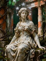 Obraz premium Ancient marble statue of a serene woman adorned with stars, set in a mystical overgrown garden