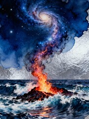 Fototapeta premium A cosmic volcano erupts from the ocean, spewing lava and a galaxy into the stormy sky