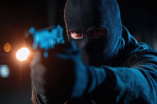 Masked individual with firearm and flashlight