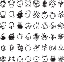 Cute animal and plant doodle icons collection in black white