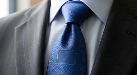Man wears blue tie with gray suit jacket at professional business meeting, exuding confidence and success in corporate environment.