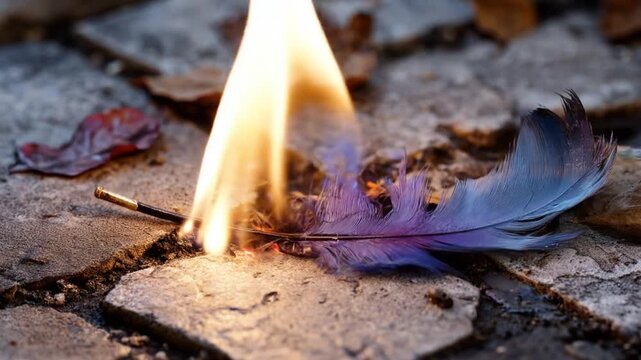 Burning feather with flame on stone surface against blurred background