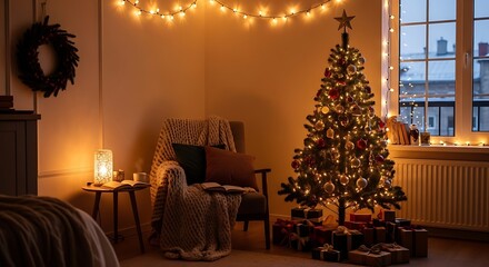 Cozy Christmas living room with a decorated tree, gifts, and warm string lights.