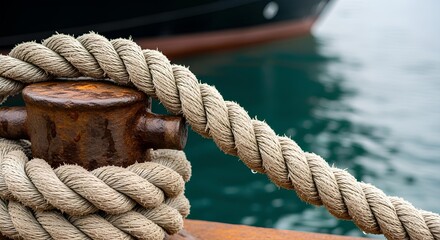 Thick marine rope secured around a rusty dock bollard in a tranquil harbor, symbolizing dependable mooring and nautical strength within a waterfront environment