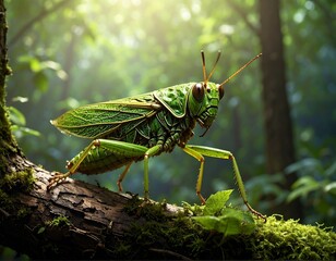 A vibrant green grasshopper on a mossy log within a sunlit forest
