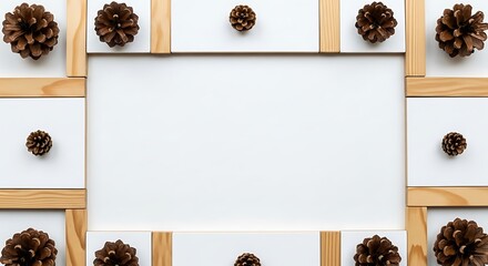 A decorative frame made of pine cones and wooden elements on a white background, creating a rustic and natural border.