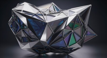 Abstract Geometric Sculpture with Iridescent Facets Reflecting Light
