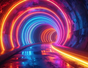 A futuristic tunnel with concentric neon lights reflecting on the wet floor
