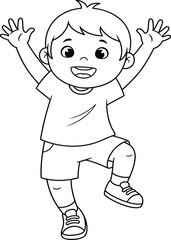 Happy Jumping Boy - Line Art Illustration, Childhood, Kids Activity, Coloring Page, Playful, Joyful