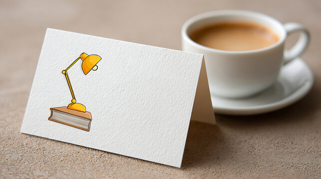 A new job greeting card with a small illustration of a desk lamp and copy space for text, placed next to a cup of coffee