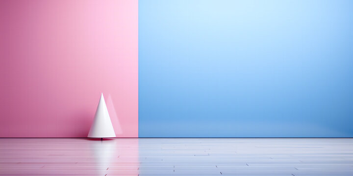 Abstract minimalist creative background: a white cone-shaped Christmas tree against a pink and blue plain wall. Panoramic New Year banner, greeting card with copy space, conceptual art.