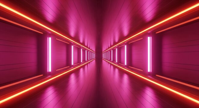 Infinite pink neon tunnel with orange led lights and reflections on