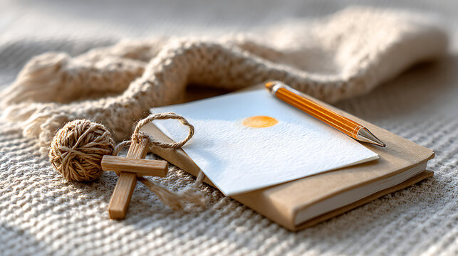 A religious greeting card featuring a wooden cross, a blank textured card with a gold watercolor blot, a pencil, and a notebook, representing the peace and tranquility of mind.