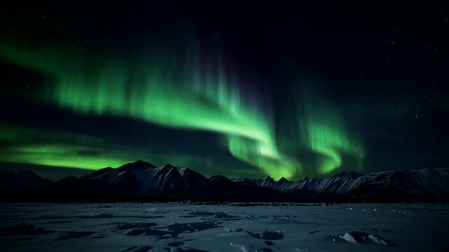 A stunning night view featuring the northern lights or Aurora Borealis dancing in bright green hues across the dark night sky.