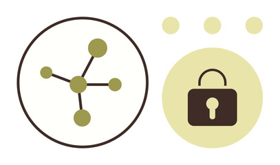 Circular network structure linked by nodes beside a secure lock illustration. Ideal for cybersecurity, data sharing, system connections, technology, privacy management, encryption, simple flat