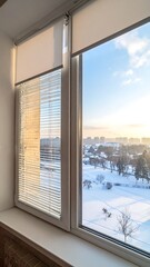 Fototapeta premium Interior shot of a window with blinds and a snowy winter view