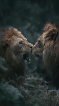 Two lions face off in a shadowy terrain, manes flaring as they roar at each other beneath nightfall
