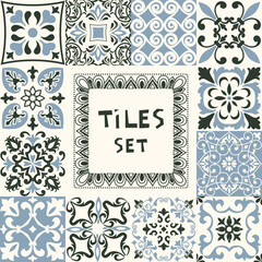 Set of tiles Azulejos in black, blue, white. Original traditional Portuguese and Spain decor. Seamless patchwork tile with Victorian motives. Ceramic tile in talavera style. Gaudi mosaic. Vector
