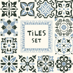 Set of tiles Azulejos in black, blue, white. Original traditional Portuguese and Spain decor. Seamless patchwork tile with Victorian motives. Ceramic tile in talavera style. Gaudi mosaic. Vector
