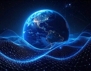 A digital globe floats above a textured blue network