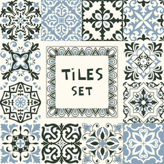 Set of tiles Azulejos in black, blue, white. Original traditional Portuguese and Spain decor. Seamless patchwork tile with Victorian motives. Ceramic tile in talavera style. Gaudi mosaic. Vector
