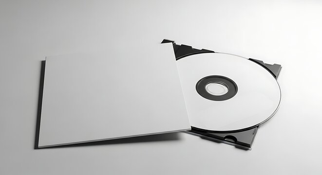 Blank compact disc sits partially in its white paper sleeve on a white surface, ready for labeling or burning, representing data storage and technology.
