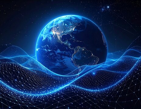 A digital globe floats above a textured blue network