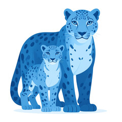 Fototapeta premium Majestic Snow Leopards in a Minimalist Style with Blue Spots and Whimsical Expressions