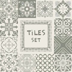 Set of tiles Azulejos in gray. Original traditional Portuguese and Spain decor. Seamless patchwork tile with Victorian motives. Ceramic tile in talavera style. Gaudi mosaic. Vector
