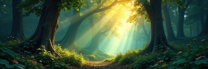 Sunbeams Illuminate Mystical Forest Vibrant Foliage, Ethereal Light, Fantasy Nature Scene
