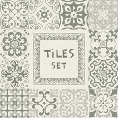 Set of tiles Azulejos in gray. Original traditional Portuguese and Spain decor. Seamless patchwork tile with Victorian motives. Ceramic tile in talavera style. Gaudi mosaic. Vector
