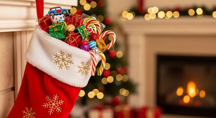 A festive red Christmas stocking overflowing with colorful gifts and candy, hanging by a fireplace with a decorated tree in the background.