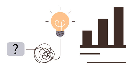 Tangled line leading to lightbulb for idea generation connecting to bar graph of success. Ideal for innovation, problem-solving, growth, creativity, strategy, analytics, teamwork. Simple flat