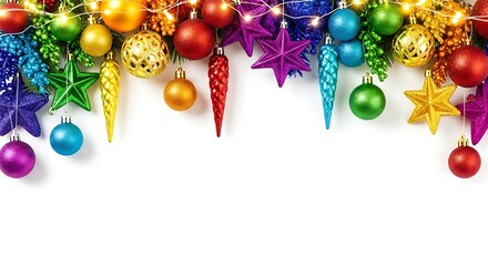 A vibrant and colorful assortment of Christmas ornaments and lights arranged in a festive garland across the top of a white background.