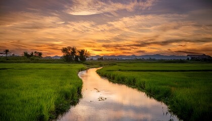 Fototapeta premium Golden sunset over straight stream in rice fields with streaky clouds 
