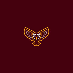 Stylized owl icon with open wings against deep red background