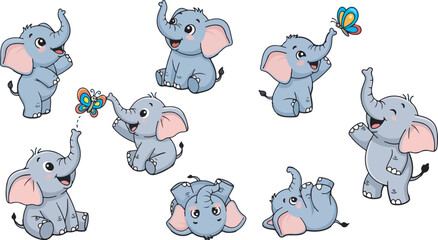 Cartoon Animal Vector Illustration of Cute Gray Elephants with Butterflies in Playful Poses for Childrens Design