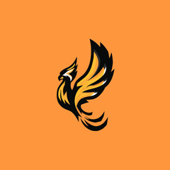 Stylized phoenix illustration on orange background emblem or logo design