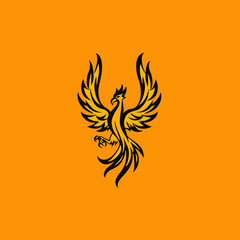Stylized phoenix illustration soaring against orange background graphic