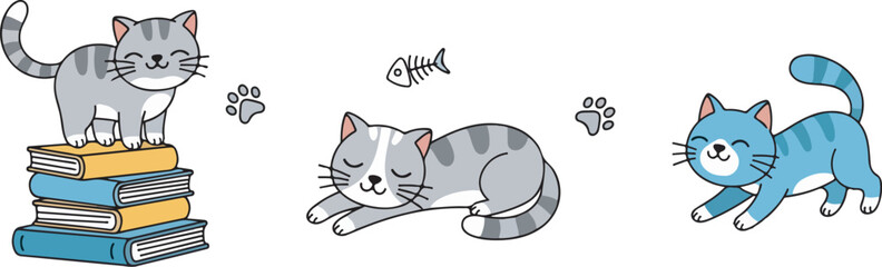 Cartoon Animal Vector Illustration with Cute Cats Books Paw Prints and Fish Bone Modern Style